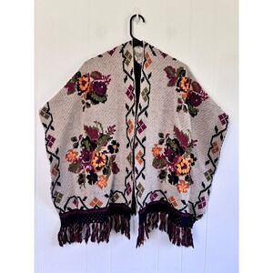 Angel of the North Anthropologie Lambswool Floral Knit Fringe Poncho Wrap Shawl